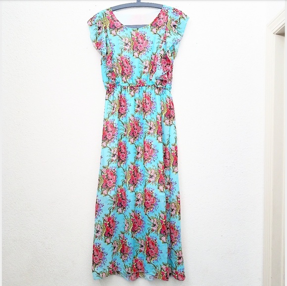 Dresses & Skirts - Baby Blue Long Modest Floral Sleeveless Maxi Dress